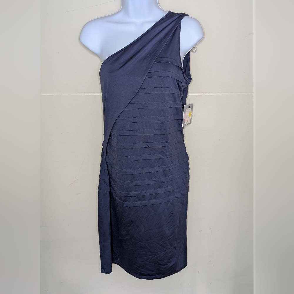 NWT Mark New York One Shoulder Cocktail Dress Navy Blue with Tiered Pleating